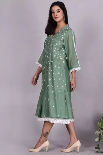 Green chanderi gathered dress with embroidery