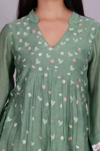 Green chanderi gathered dress with embroidery