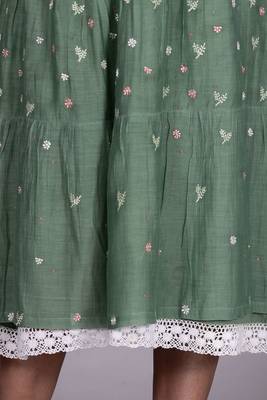 Green chanderi gathered dress with embroidery 4