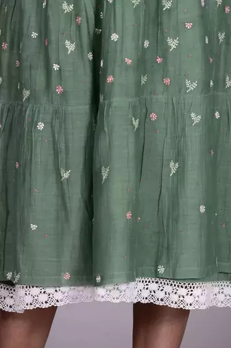 Green chanderi gathered dress with embroidery