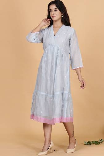 Blue-grey chanderi gathered dress with embroidery