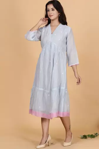 Blue-grey chanderi gathered dress with embroidery