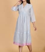 Blue-grey chanderi gathered dress with embroidery