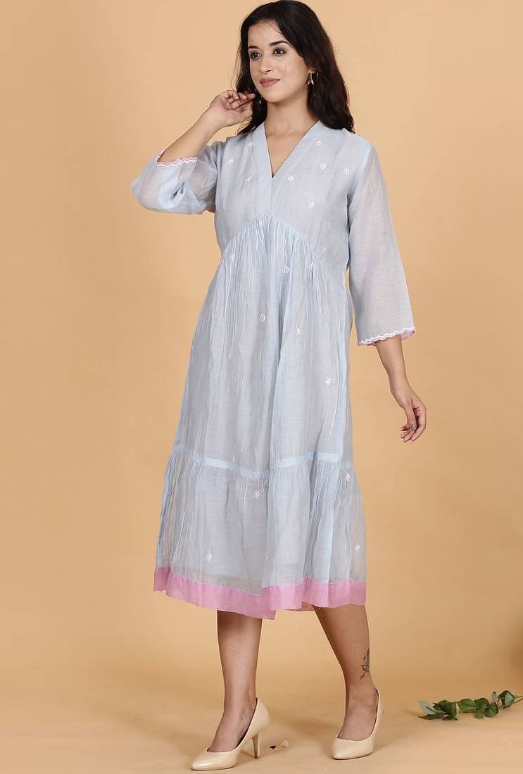 Blue-grey chanderi gathered dress with embroidery
