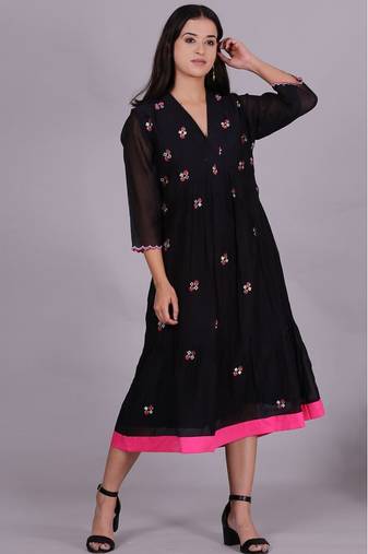 Black chanderi gathered dress with embroidery