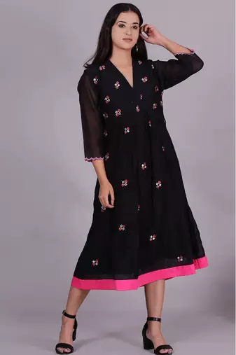 Black chanderi gathered dress with embroidery