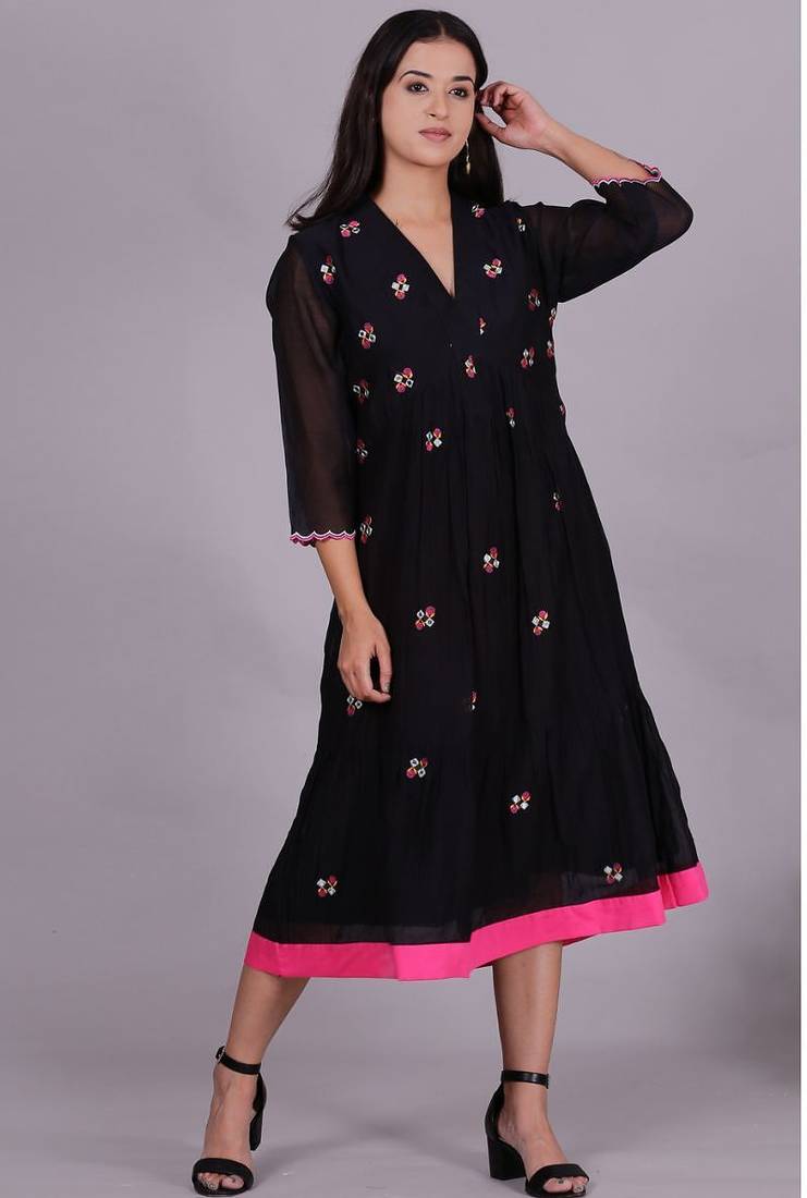 Black chanderi gathered dress with embroidery