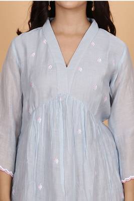 Blue-grey chanderi gathered dress with embroidery 2