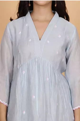 Blue-grey chanderi gathered dress with embroidery