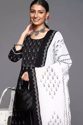 Women Black Ethnic Motifs Printed Pure Cotton Kurta with Trousers & Dupatta