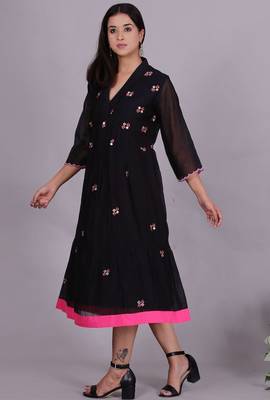 Black chanderi gathered dress with embroidery 2
