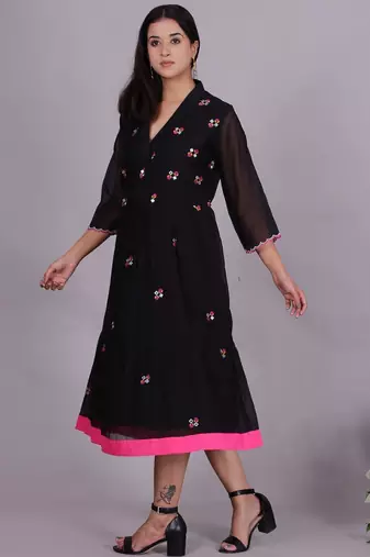 Black chanderi gathered dress with embroidery
