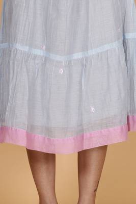 Blue-grey chanderi gathered dress with embroidery 3