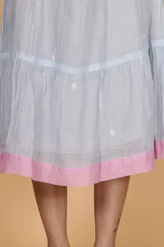 Blue-grey chanderi gathered dress with embroidery