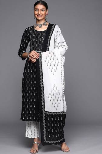 Women Black Ethnic Motifs Printed Pure Cotton Kurta with Trousers & Dupatta