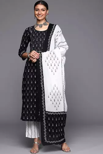 Women Black Ethnic Motifs Printed Pure Cotton Kurta with Trousers & Dupatta