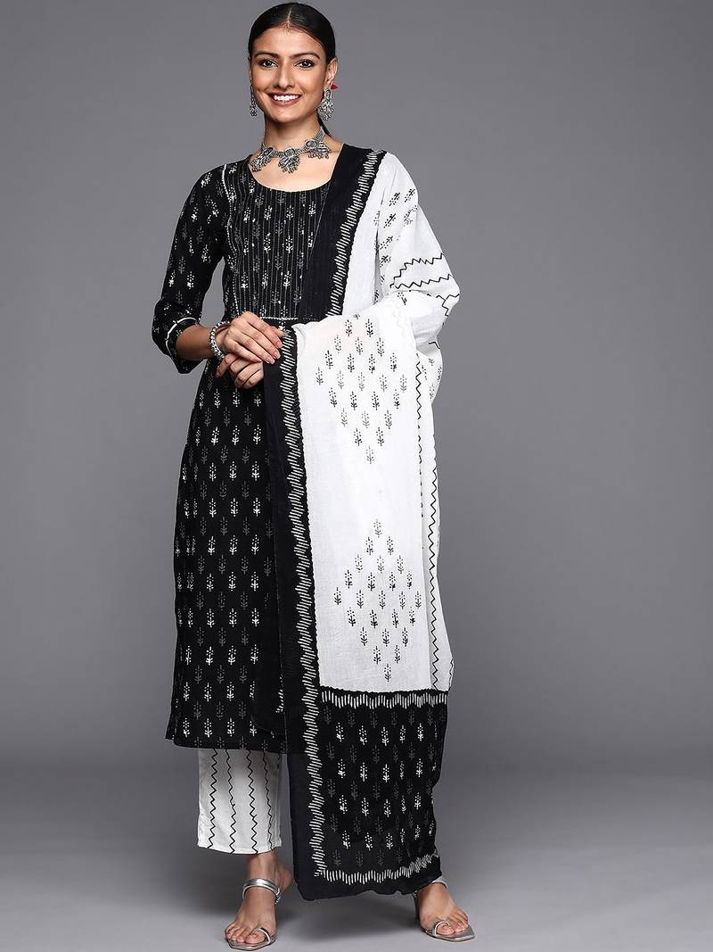 Women Black Ethnic Motifs Printed Pure Cotton Kurta with Trousers & Dupatta