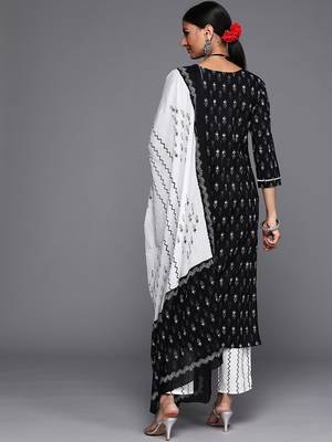 Women Black Ethnic Motifs Printed Pure Cotton Kurta with Trousers & Dupatta 6