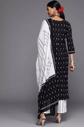 Women Black Ethnic Motifs Printed Pure Cotton Kurta with Trousers & Dupatta