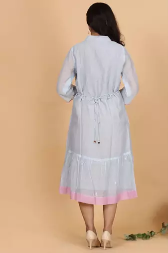 Blue-grey chanderi gathered dress with embroidery