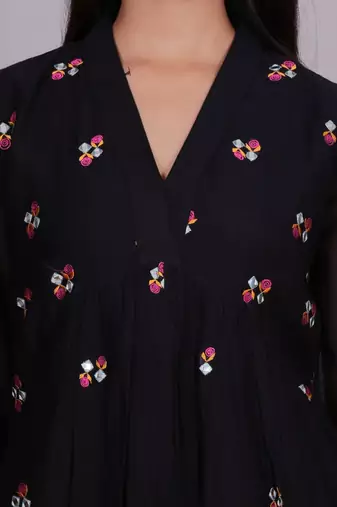 Black chanderi gathered dress with embroidery