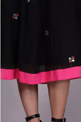 Black chanderi gathered dress with embroidery