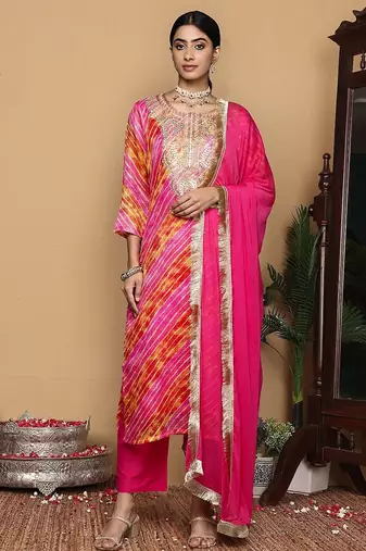 Women Dyed Regular Thread Work Kurta with Trousers & With Dupatta