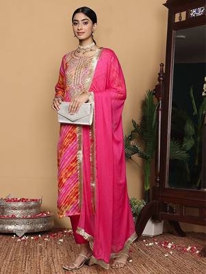Women Dyed Regular Thread Work Kurta with Trousers & With Dupatta 7