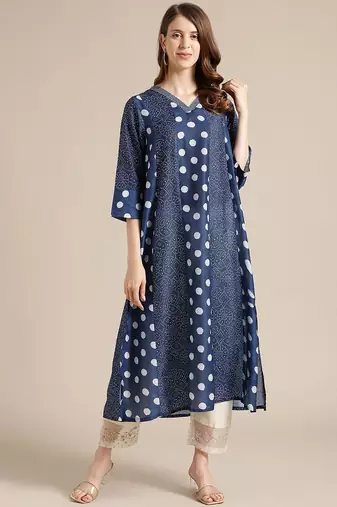 Women Navy Blue Bandhani Printed Panelled Pure Silk Kurta with Trousers