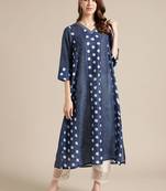 Women Navy Blue Bandhani Printed Panelled Pure Silk Kurta with Trousers