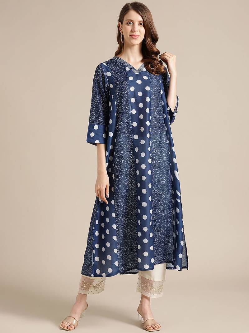 Women Navy Blue Bandhani Printed Panelled Pure Silk Kurta with Trousers