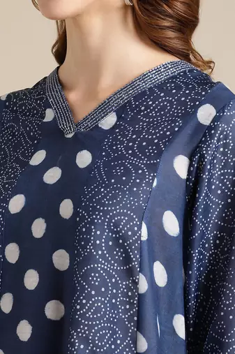 Women Navy Blue Bandhani Printed Panelled Pure Silk Kurta with Trousers