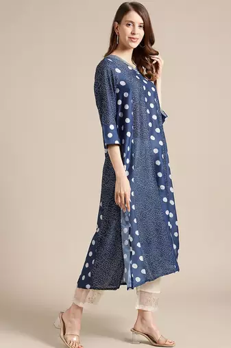 Women Navy Blue Bandhani Printed Panelled Pure Silk Kurta with Trousers