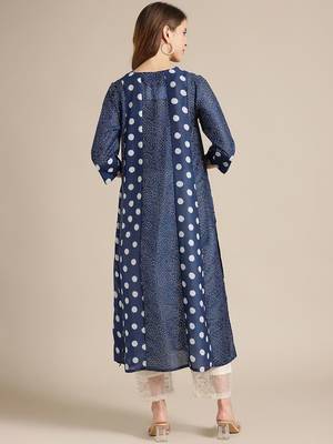 Women Navy Blue Bandhani Printed Panelled Pure Silk Kurta with Trousers 6