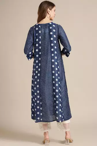 Women Navy Blue Bandhani Printed Panelled Pure Silk Kurta with Trousers