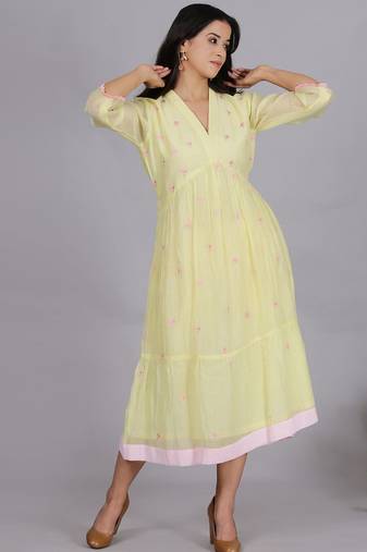 Yellow chanderi gathered dress with embroidery