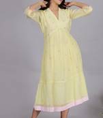 Yellow chanderi gathered dress with embroidery