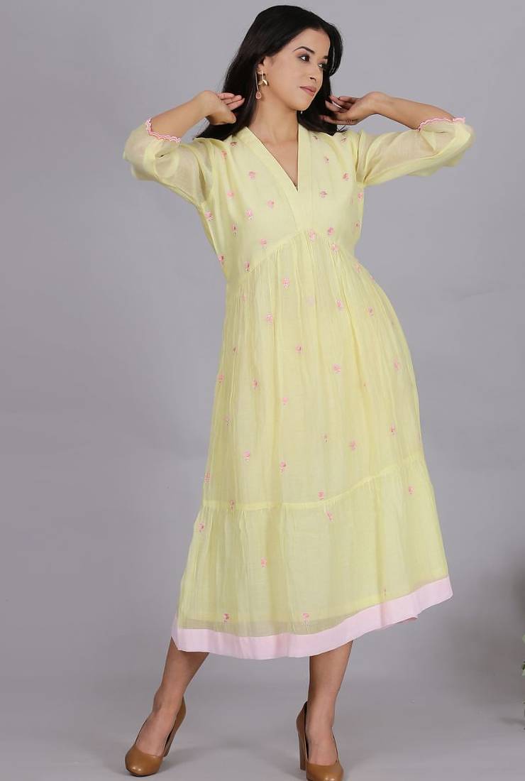 Yellow chanderi gathered dress with embroidery