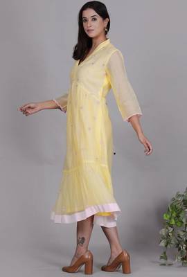 Yellow chanderi gathered dress with embroidery 2