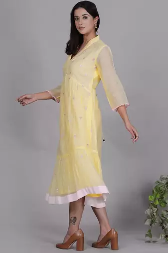 Yellow chanderi gathered dress with embroidery