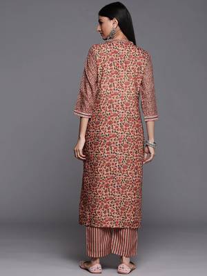 Women Peach-Coloured Floral Printed Winter Kurta with Palazzos 5