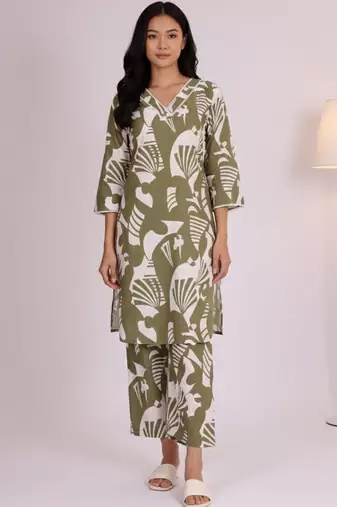 Women Abstract Printed V-Neck Pure Cotton Kurta with Palazzos