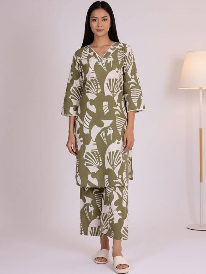 Women Abstract Printed V-Neck Pure Cotton Kurta with Palazzos