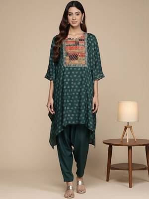 Embroidered Thread Work Pure Silk Fusion Kurta with Dhoti Pants 1