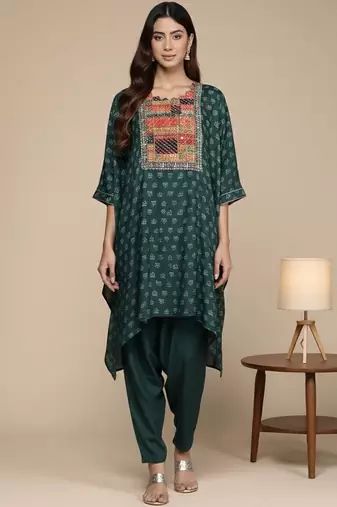 Embroidered Thread Work Pure Silk Fusion Kurta with Dhoti Pants