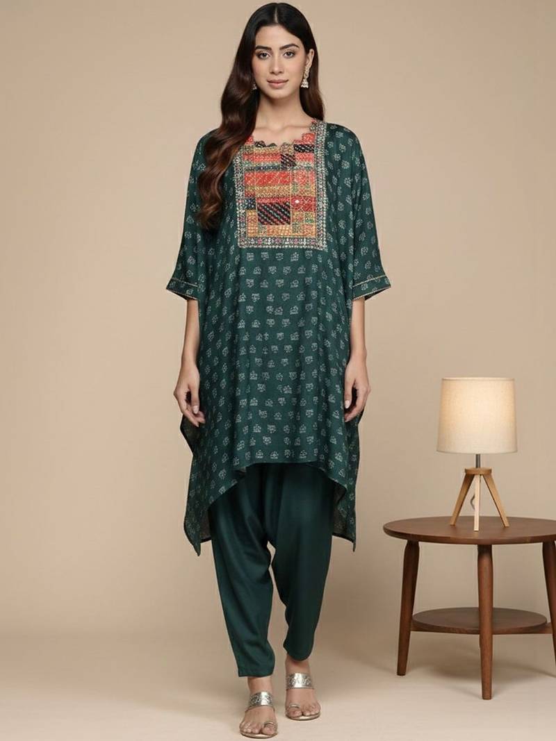 Embroidered Thread Work Pure Silk Fusion Kurta with Dhoti Pants