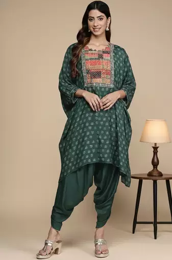 Embroidered Thread Work Pure Silk Fusion Kurta with Dhoti Pants