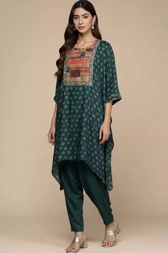 Embroidered Thread Work Pure Silk Fusion Kurta with Dhoti Pants