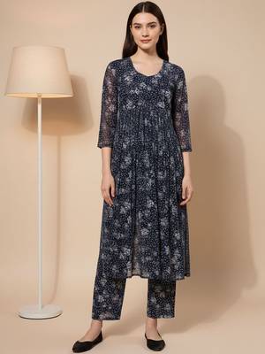 Navy Blue Floral Printed Empire Silk Georgette A-Line Kurta With Trouser 1