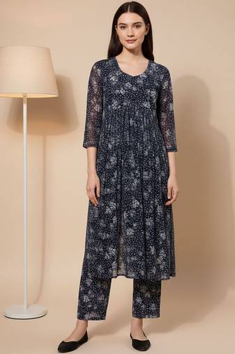 Navy Blue Floral Printed Empire Silk Georgette A-Line Kurta With Trouser